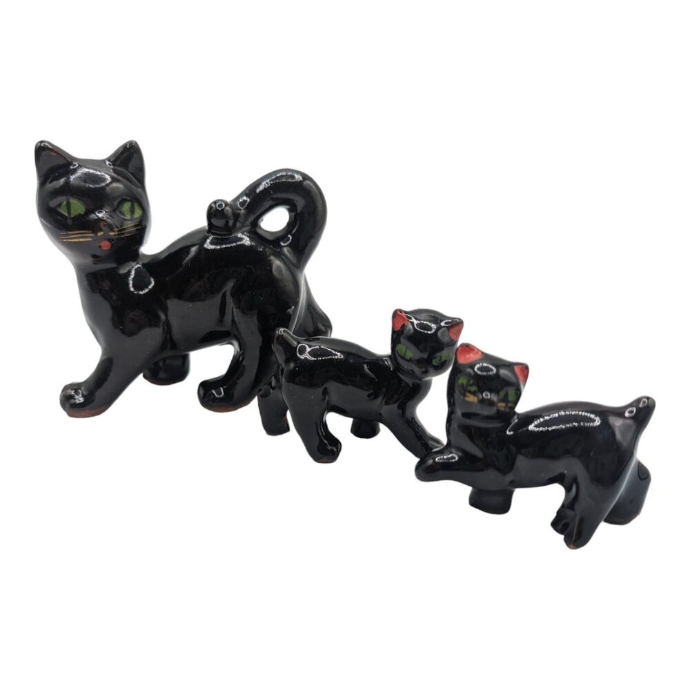 Vintage Ceramic Black Cats Mama with Two Kittens Kitschy Figurines MCM Redware - Picture 2 of 13